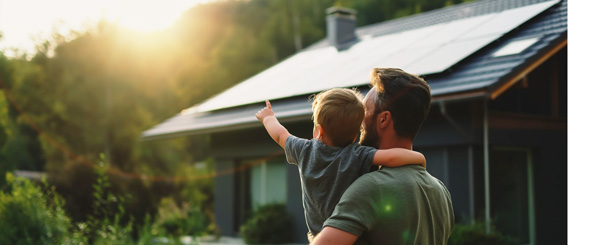 Un père tient son fils dans ses bras. En arrière plan se trouve une maison avec des panneaux solaires placés sur le toit. Le petit garçon tend le doigt vers le soleil.